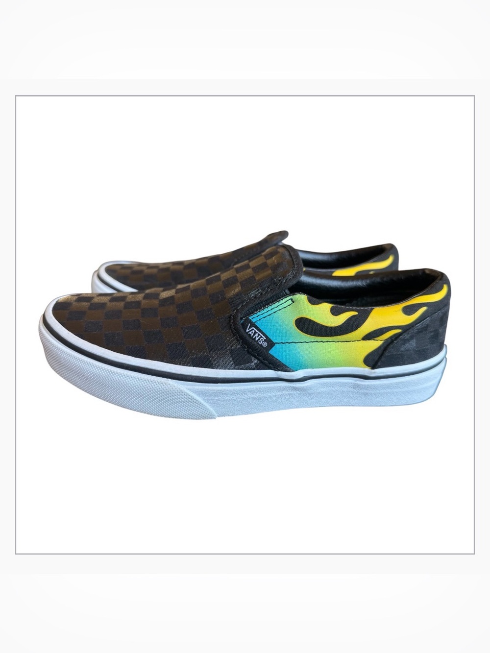 Vans Checkerboard Flame Slip-On Shoes Black Blue Yellow Juniors 4.5